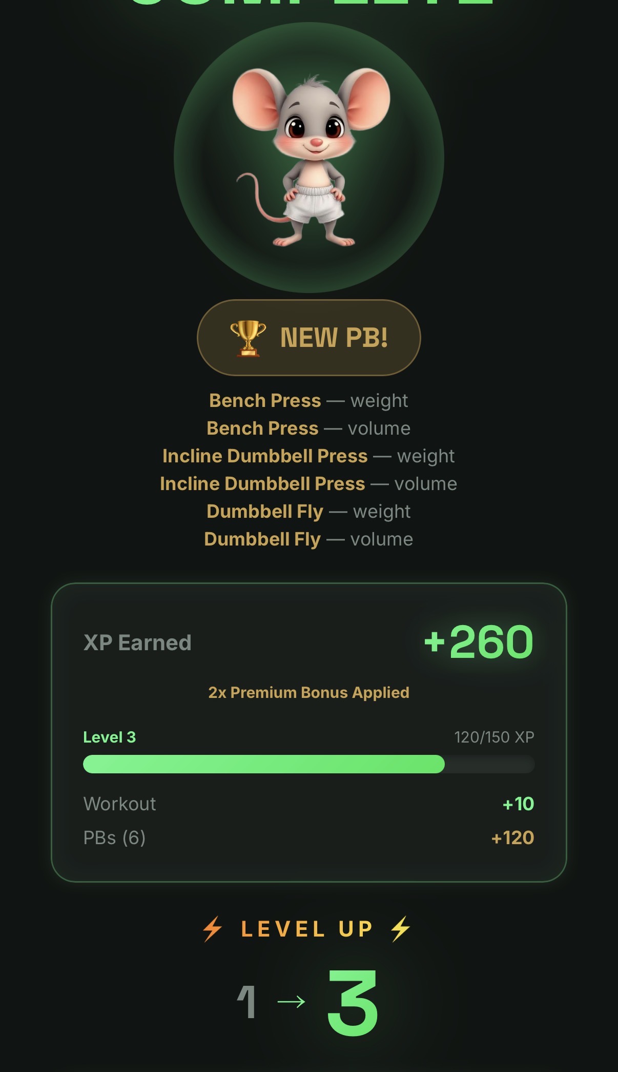 XP and level up screen